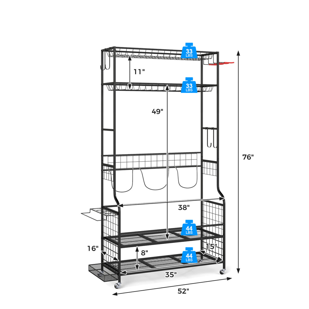 Mobile sports equipment organizer in black, designed for 3 golf bags, featuring shelves and hooks for versatile storage.