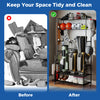 Mobile sports equipment organizer in black, featuring golf bag storage, ball baskets, and hooks for versatile gear.