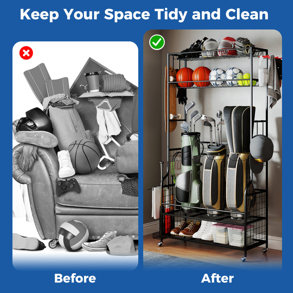 Mobile sports equipment organizer in black, featuring golf bag storage, ball baskets, and hooks for versatile gear.