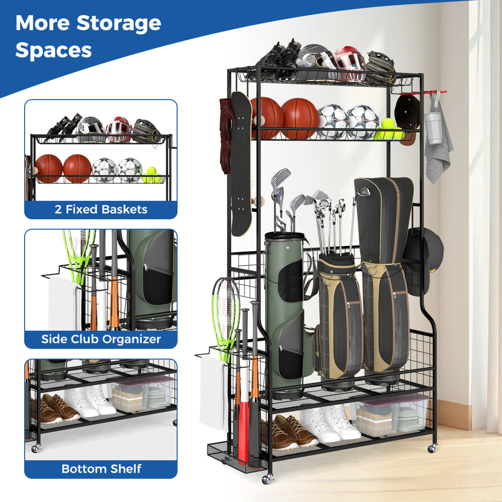 Mobile sports equipment organizer in black with golf bag storage, fixed baskets, and adjustable hooks for versatile use.