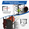 Mobile sports equipment organizer featuring 4 long hooks and 4 S-shaped hooks for versatile storage of sports gear.