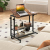 Height adjustable mobile stand-up desk with tilting rustic brown tabletop and 2-tier mesh shelves for versatile use.