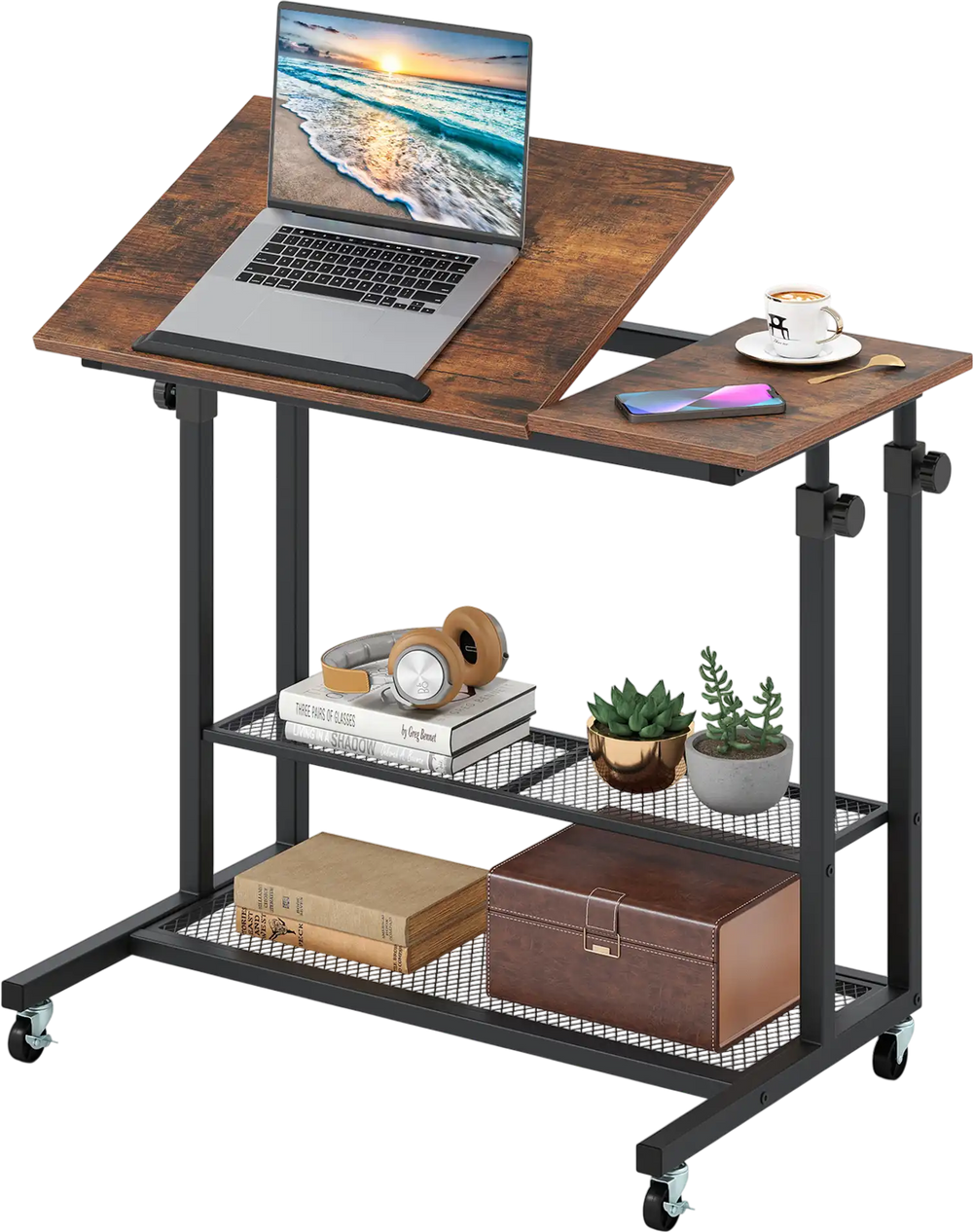 Height adjustable mobile stand-up desk with a tilting tabletop in rustic brown, featuring 2-tier mesh shelves and.