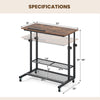 Height adjustable mobile stand-up desk with tilting tabletop, rustic brown finish, and 2-tier mesh shelves for storage.