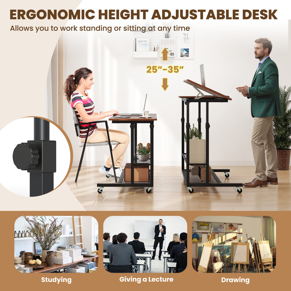 Height adjustable mobile stand-up desk with tilting tabletop in rustic brown, ideal for studying or working.