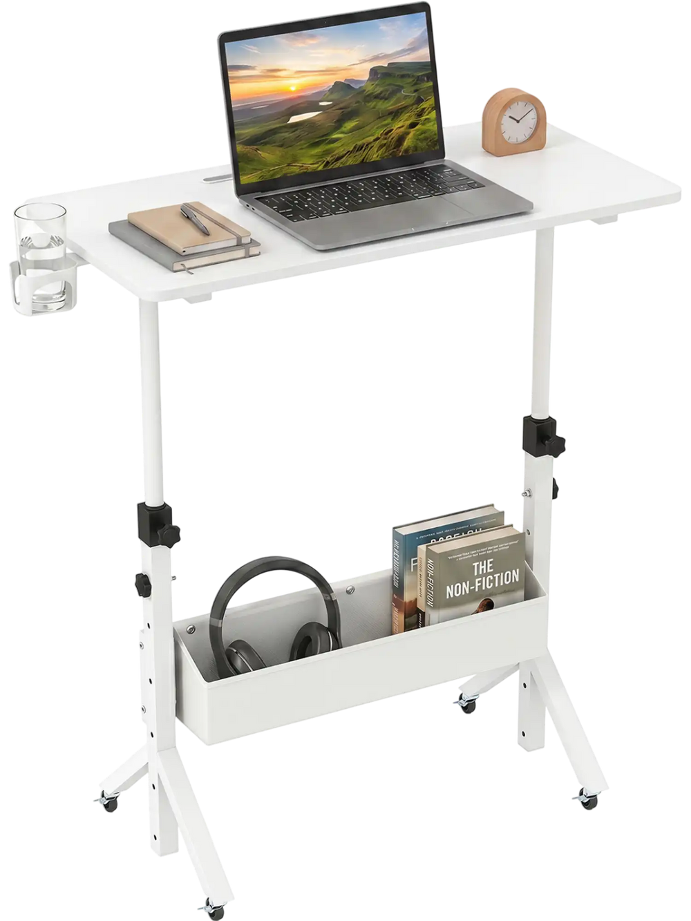 Mobile height adjustable standing desk in white with cup holder, storage basket, and laptop setup for versatile.