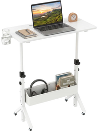 Mobile height adjustable standing desk in white with cup holder, storage basket, and laptop setup for versatile.