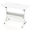 Mobile standing desk with adjustable height, white finish, storage basket, and cup holder for versatile workspace use.