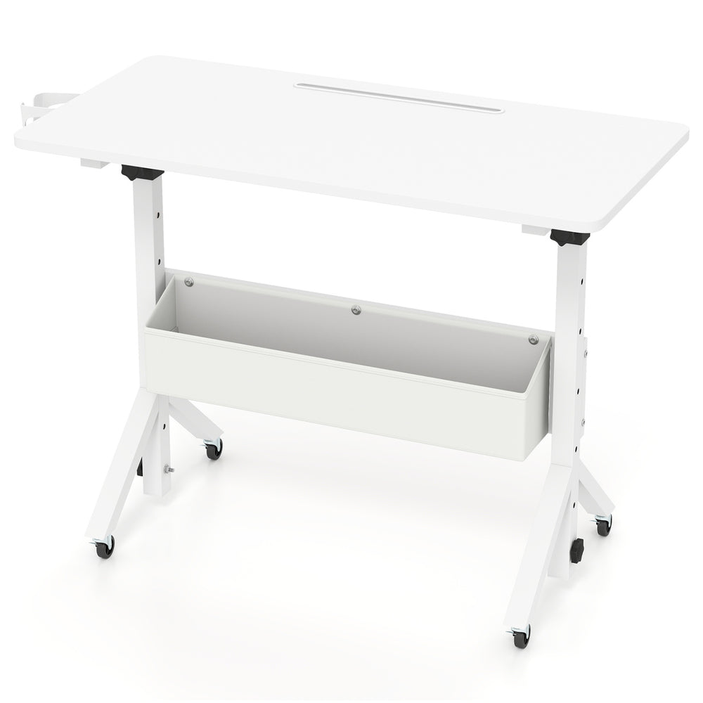 Mobile standing desk with adjustable height, white finish, storage basket, and cup holder for versatile workspace use.