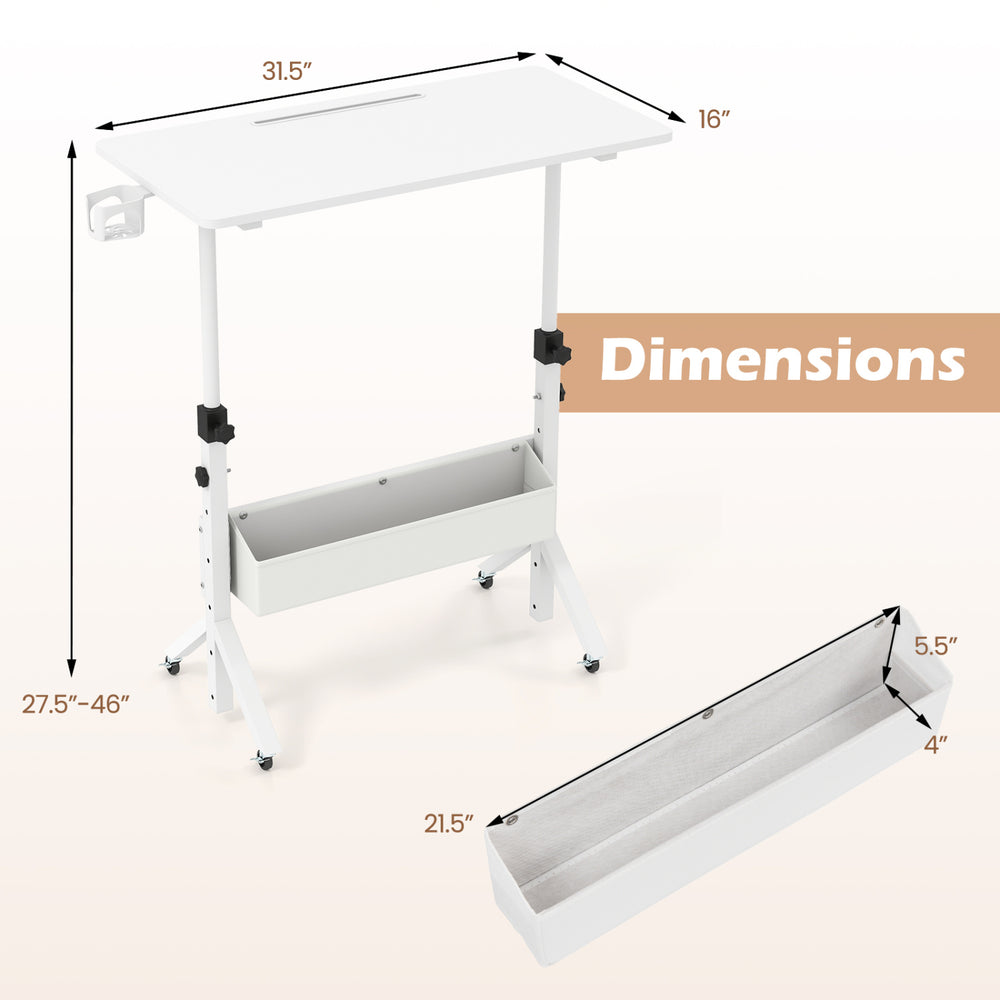 Height adjustable mobile standing desk dimensions with storage basket and cup holder, ideal for flexible workspace use.