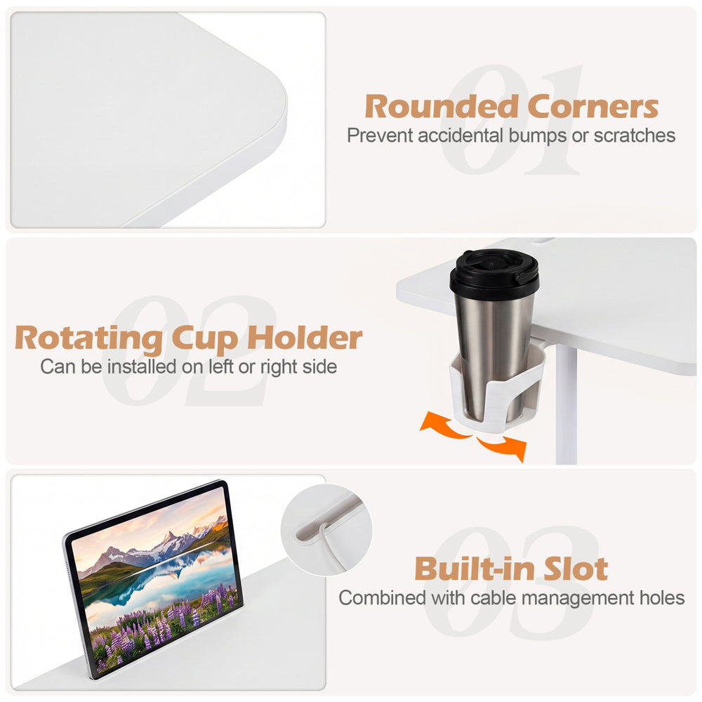 Mobile standing desk with rounded corners, rotating cup holder, and built-in slot for tablet, ideal for efficient.