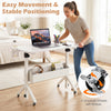 Mobile standing desk with adjustable height, rolling wheels, and cup holder, ideal for home office or small spaces.