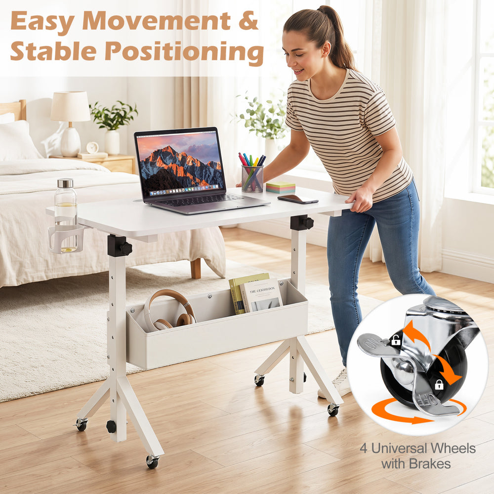 Mobile standing desk with adjustable height, rolling wheels, and cup holder, ideal for home office or small spaces.