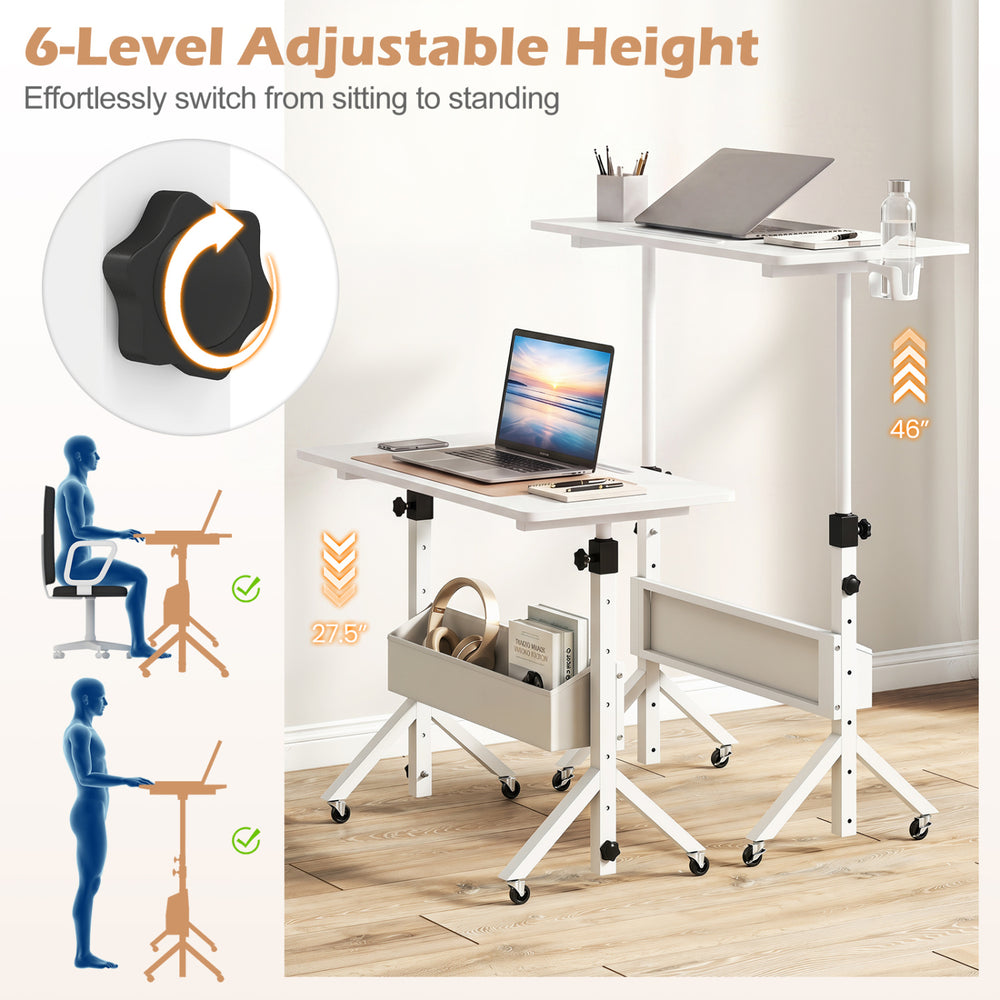 Mobile standing desk with 6 adjustable heights, rolling wheels, and cup holder for versatile workspace use.