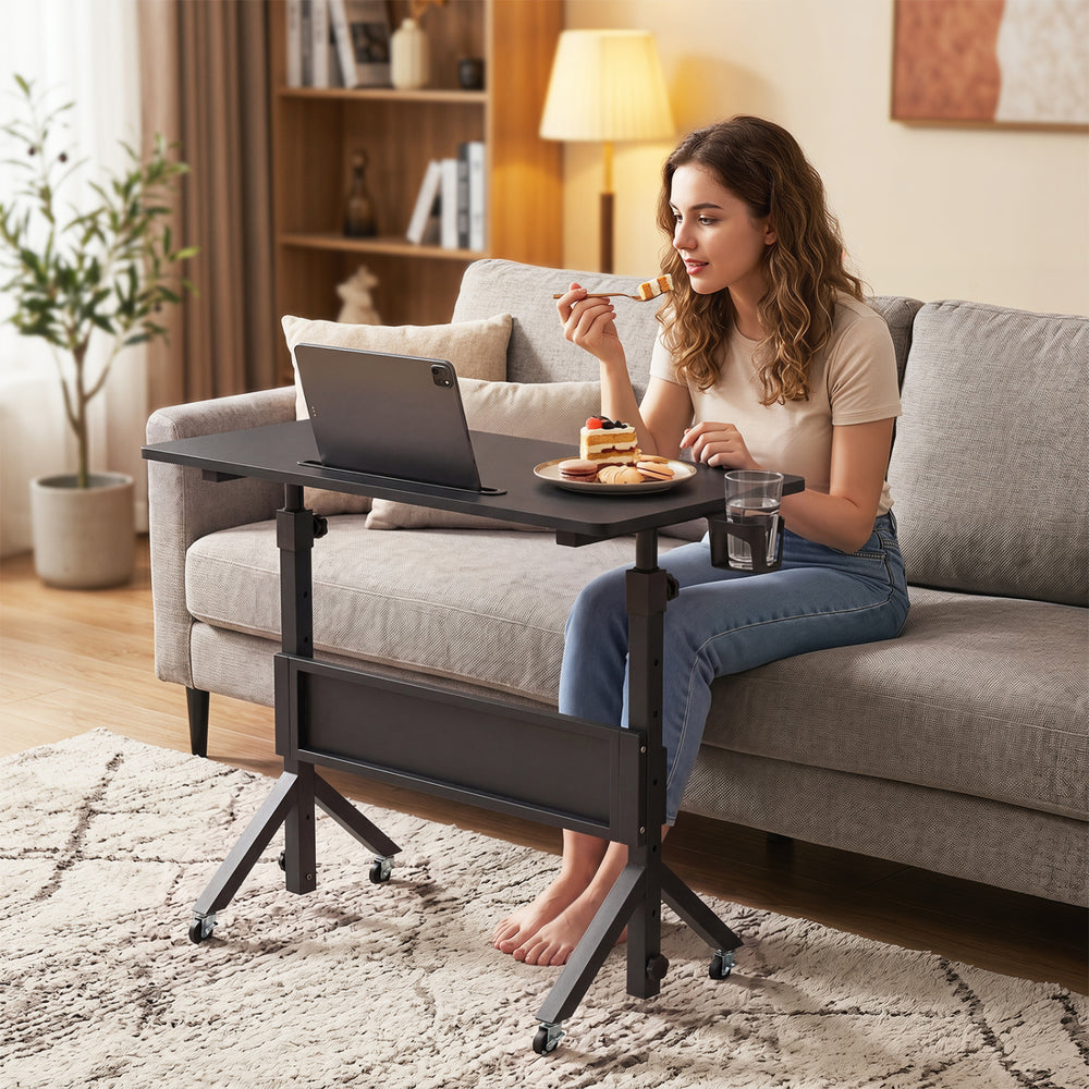 Mobile Standing Desk Height Adjustable Rolling Laptop Desk with Cup Holder Storage Basket-Black - Gallery View 1 of 10