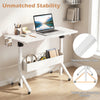 Mobile standing desk with adjustable height, sturdy metal frame, and storage basket, perfect for small spaces.