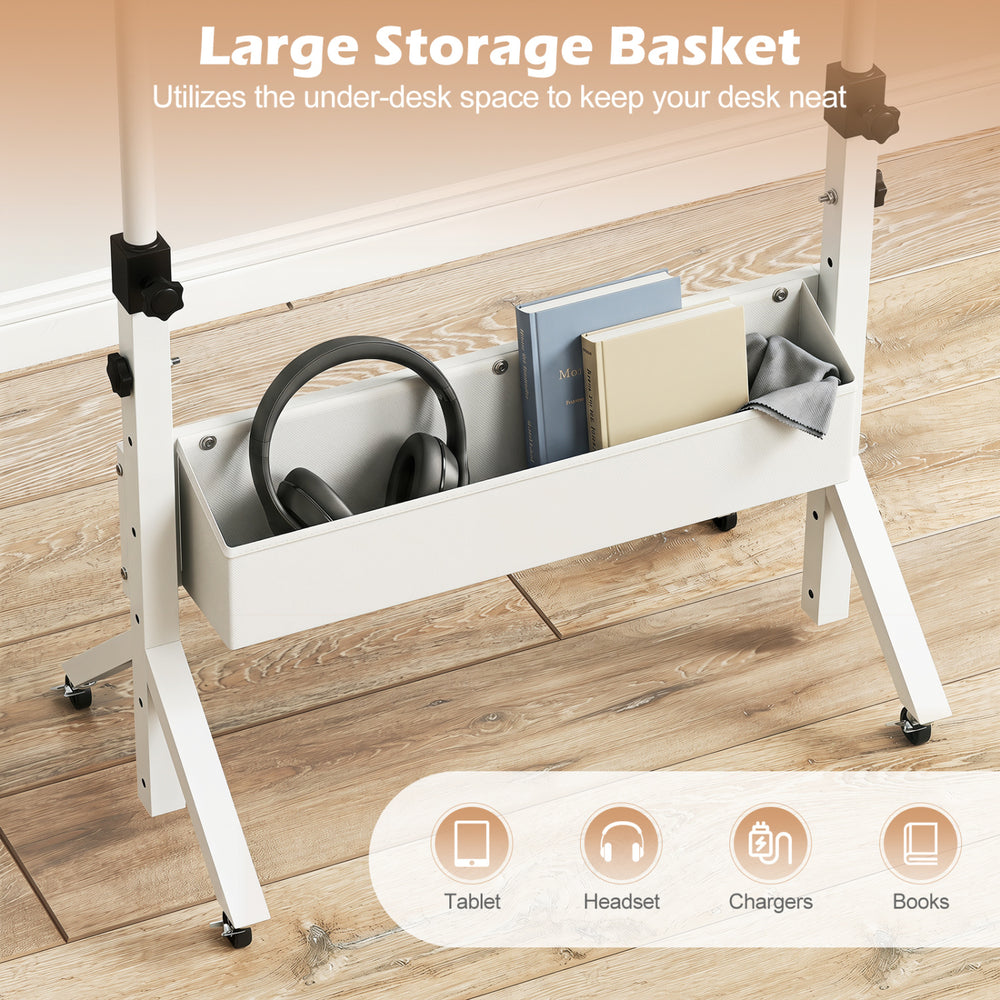 Large storage basket under the mobile standing desk holds tablets, headsets, chargers, and books for organized workspace.