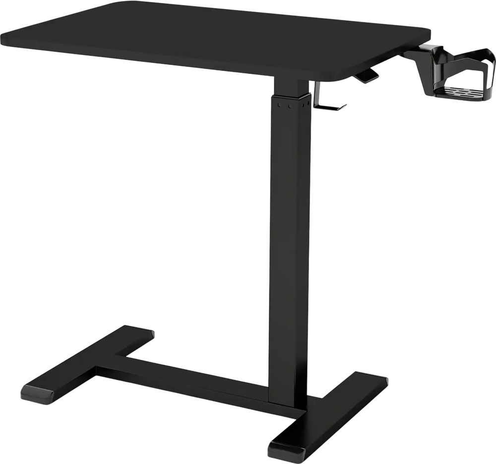 Mobile standing desk in black with height adjustment, cup holder, and compact design for bedside or sofa use.