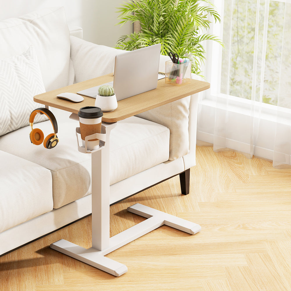 Mobile Standing Desk Height Adjustable Overbed Bedside Table with Cup Holder-Natural - Gallery View 1 of 11