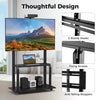 Mobile TV stand with adjustable camera shelf and AV shelves, suitable for 32"-80" TVs, featuring lockable wheels.