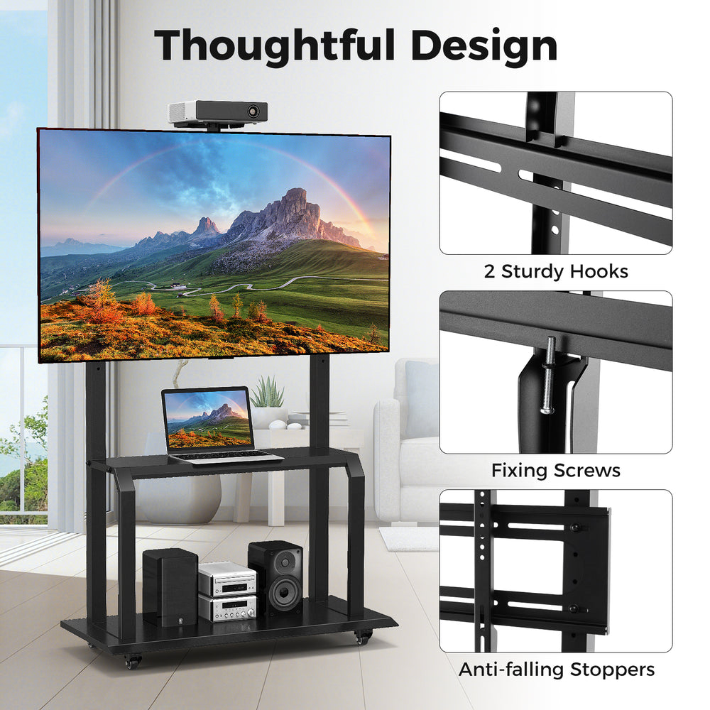 Mobile TV stand with adjustable camera shelf and AV shelves, suitable for 32"-80" TVs, featuring lockable wheels.