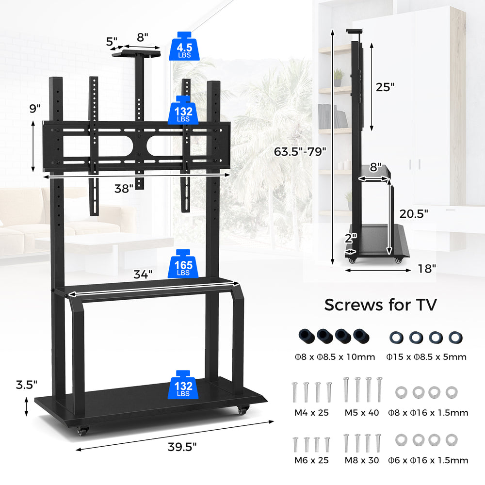 Mobile TV stand with adjustable camera shelf and AV shelves, fits 32"-80" TVs, ideal for home or office use.