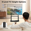 Mobile TV stand with adjustable height for 32"-80" TVs, featuring a camera shelf and AV shelves for versatile use.