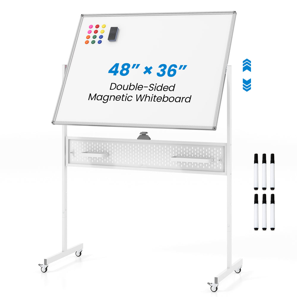 Mobile double-sided magnetic whiteboard with adjustable height, pegboard, and lockable wheels for versatile use.