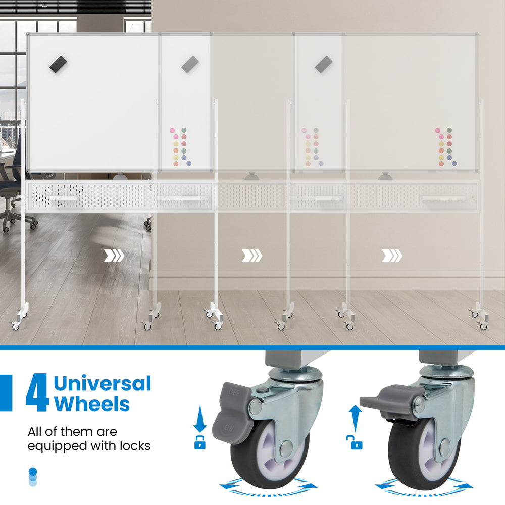 Close-up of lockable universal wheels on the mobile whiteboard, ensuring easy movement and stability for any setting.