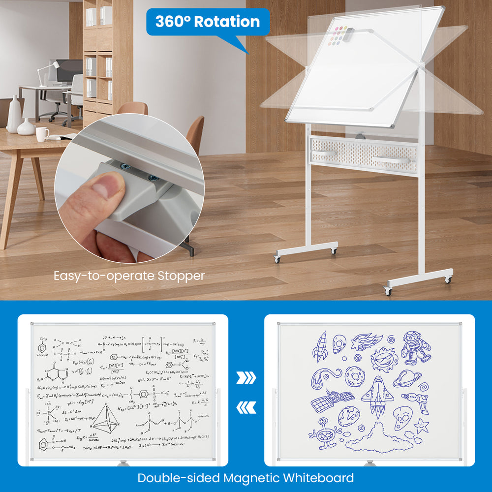 Double-sided magnetic whiteboard with adjustable height, 360° rotation, and pegboard for accessories, ideal for.