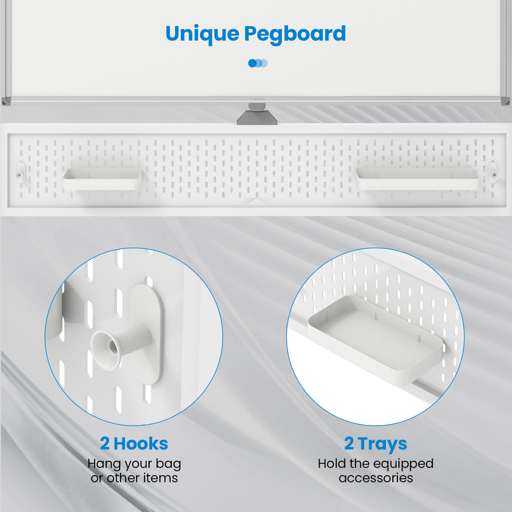 Mobile whiteboard with unique pegboard, featuring 2 hooks and 2 trays for accessories, ideal for office or classroom.