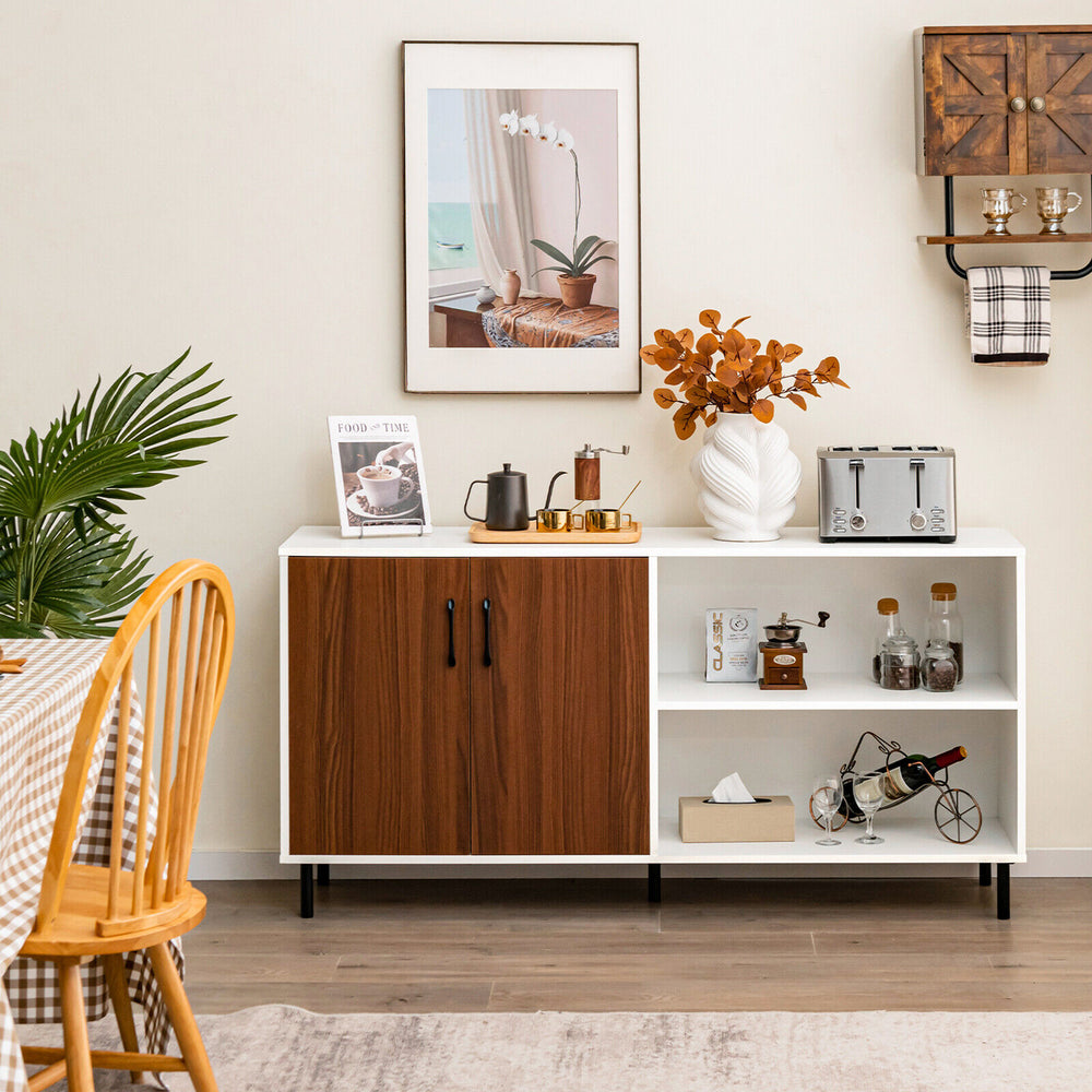 Modern buffet sideboard in walnut with two doors and open compartments, perfect for dining room storage and.