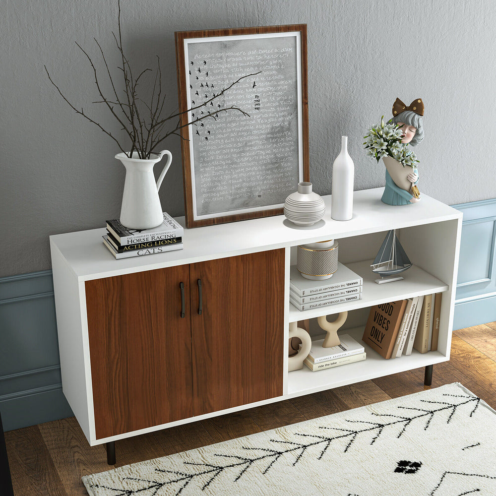 Modern buffet sideboard with walnut doors and open compartments, ideal for dining or living room storage.