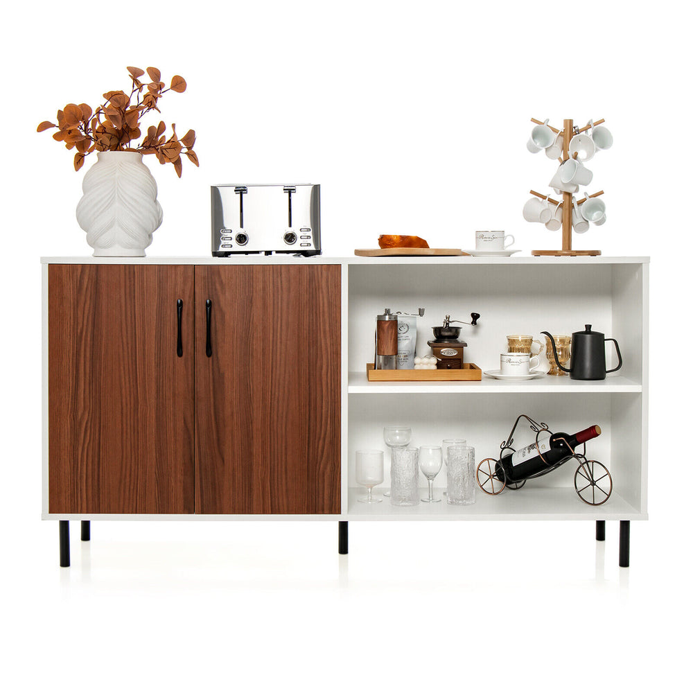Modern buffet sideboard with walnut finish, featuring two doors and open compartments for versatile storage in any room.