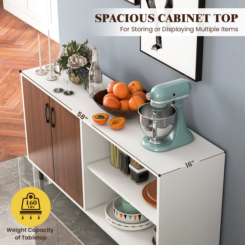 Modern buffet sideboard in walnut with spacious 58" tabletop, ideal for displaying items in kitchen or dining room.