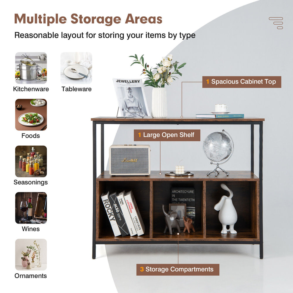 Modern kitchen buffet sideboard in rustic brown with three open compartments for organized storage in any room.