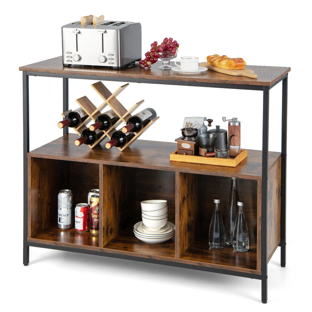 Modern kitchen buffet sideboard in rustic brown with three open compartments for ample storage and display.