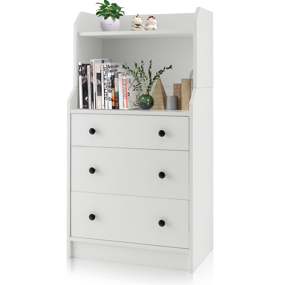 Modern white storage dresser with three drawers and open shelves, featuring an anti-toppling device for safety.