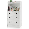 Modern white storage dresser with three drawers and open shelves, featuring an anti-toppling device for safety.