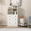 Modern white storage dresser with open shelves and three drawers, perfect for living room or bedroom organization.