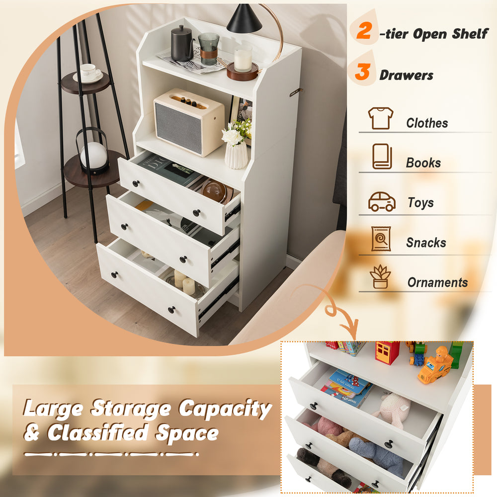 Modern white storage dresser featuring two open shelves and three drawers, ideal for organizing clothes, toys, and.