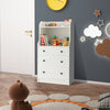 Modern white storage dresser with open shelves and three drawers, ideal for nursery or living room organization.