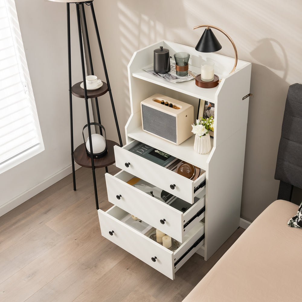 Modern white storage dresser with open shelves and three drawers, ideal for bedroom or living room organization.