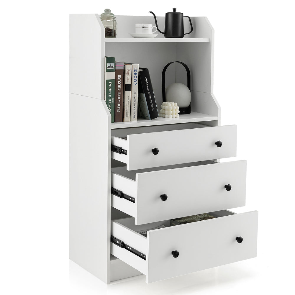 Modern white storage dresser featuring three drawers and open shelves, ideal for living room or bedroom organization.