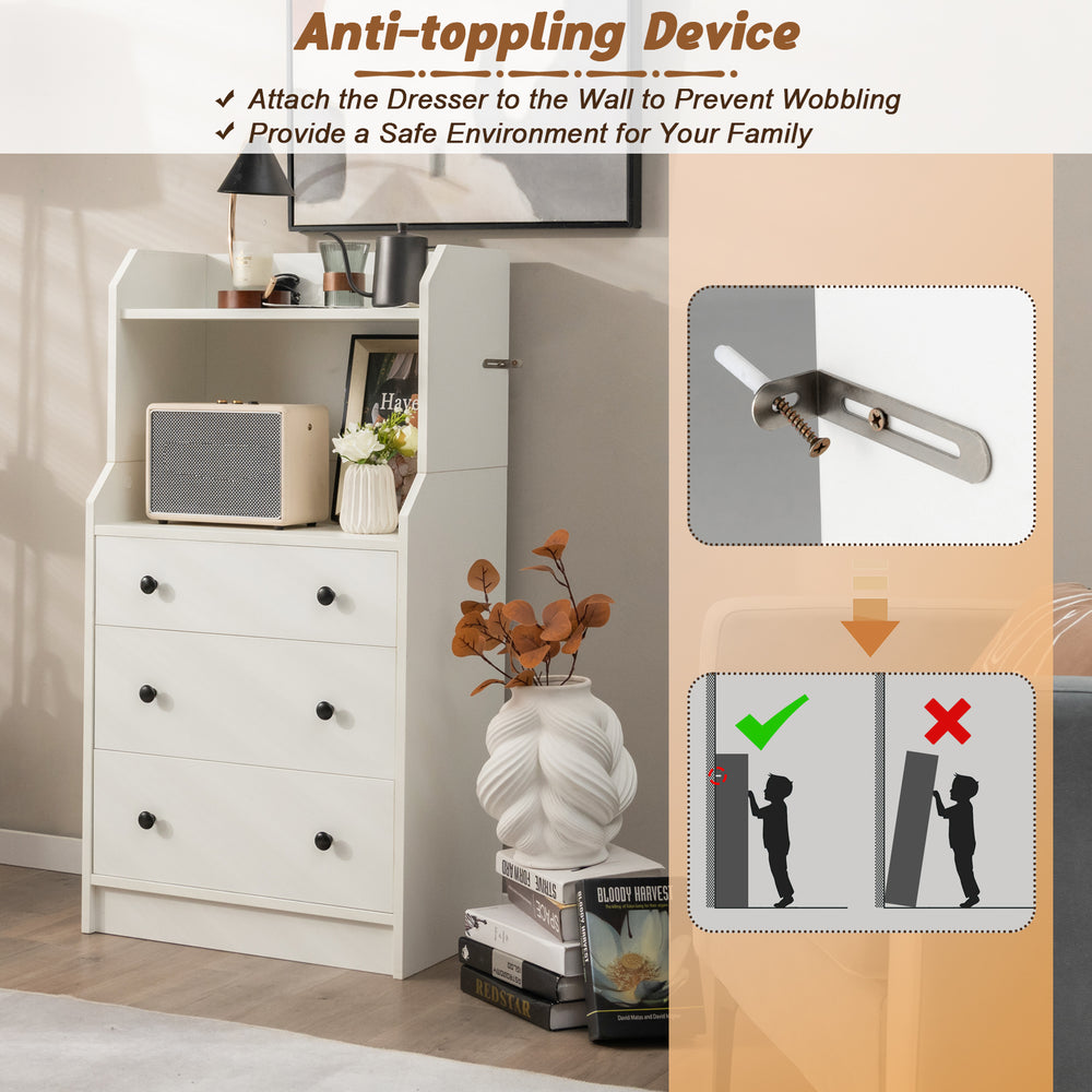 Modern white storage dresser with anti-toppling device, featuring open shelves and sturdy construction for safety and.