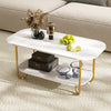 Modern 2-tier coffee table with faux marble top and gold metal frame, perfect for stylish living room decor.