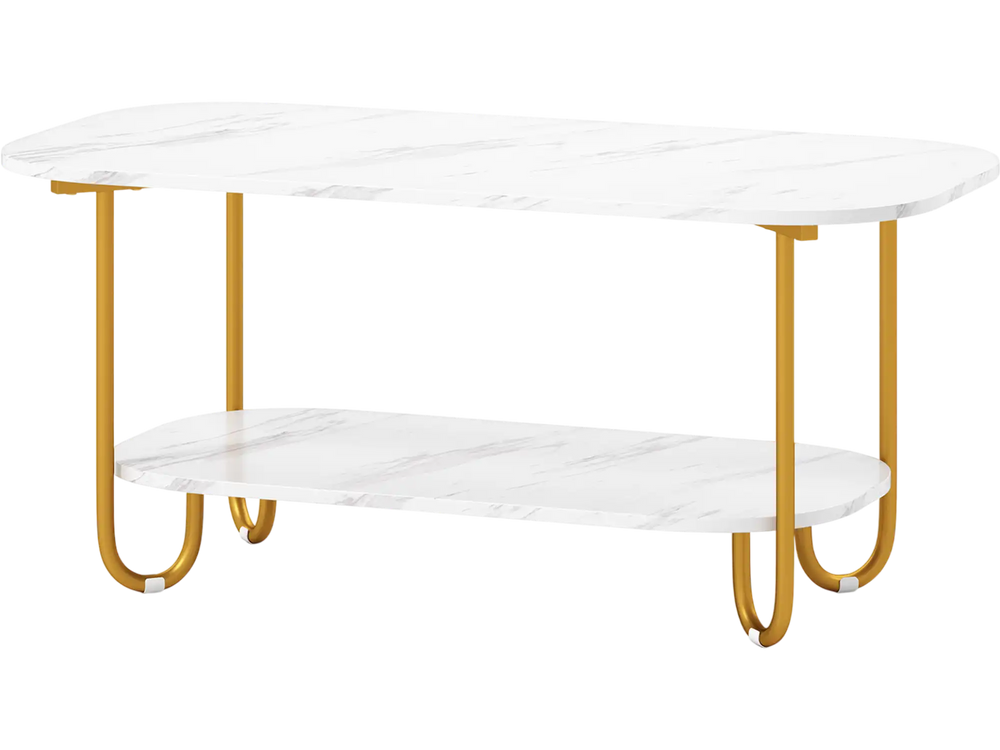 Modern 2-tier coffee table with faux marble top and gold metal frame, perfect for living room or study use.
