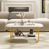 Modern 2-tier coffee table with faux marble top and gold metal frame, ideal for living room or study use.
