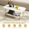 Modern 2-tier coffee table with faux marble top and sturdy metal frame, perfect for living room or study storage.
