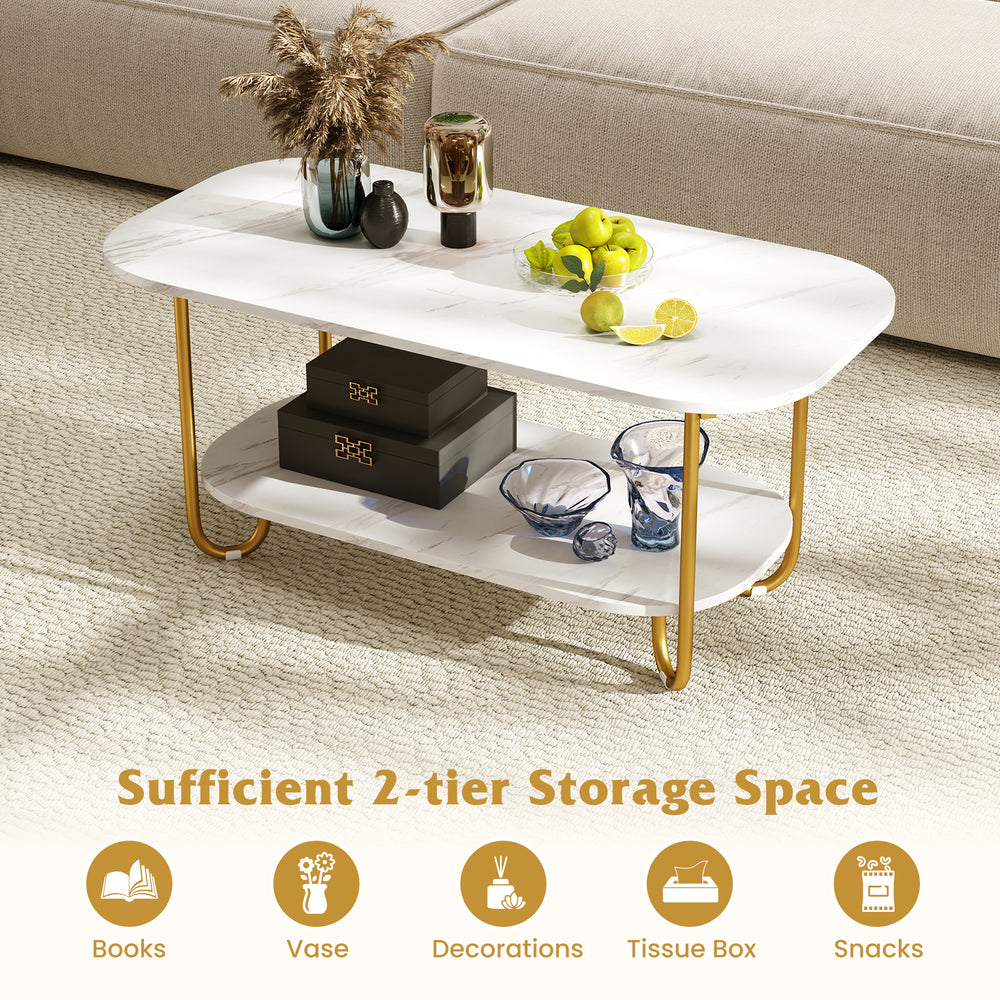 Modern 2-tier coffee table with faux marble top and sturdy metal frame, perfect for living room or study storage.